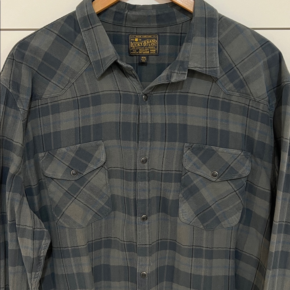Lucky Brand Mens XXL Green Gray Plaid Shirt Shacket Country Outdoor